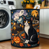 Quilted Laundry Basket – Black Cat on a Ghost Train – product image 1