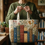 Quilted Tote Bag - Books and Flowers Collection