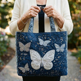 Handcrafted Quilted Tote Bag - Silver Butterfly