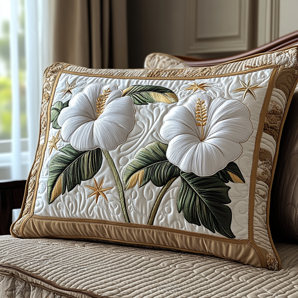 Quilted Pillowcase | White Hibiscus