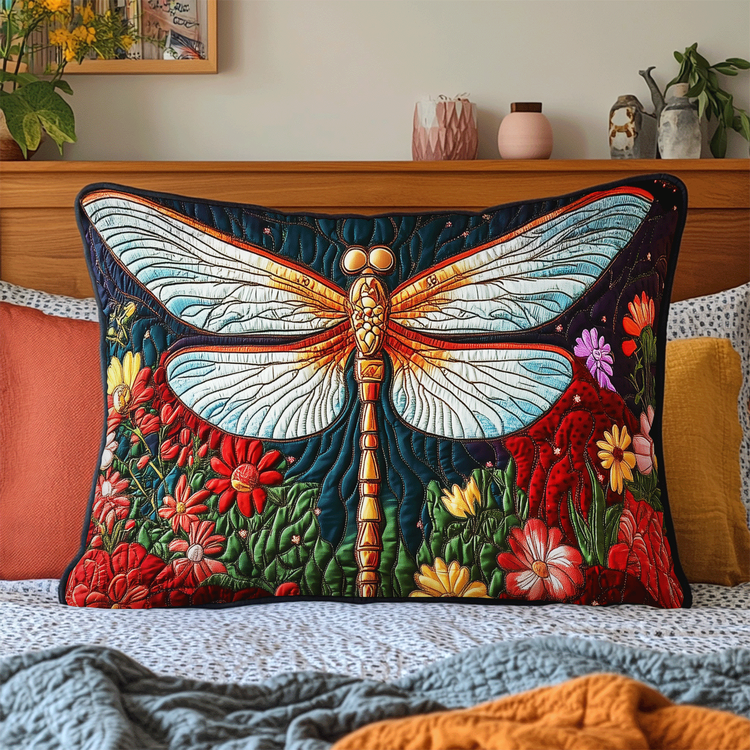 Quilted Pillowcase | Golden Dragonfly III