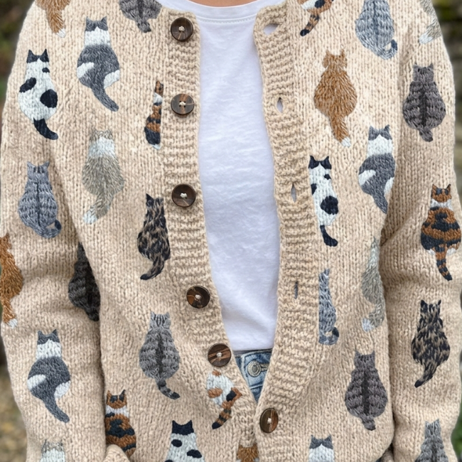 Cosy Cat Print Button-Front Knit Cardigan – product image 1