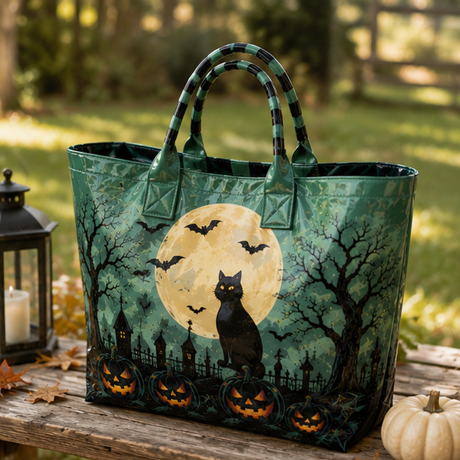 PVC Tote Bag – Black Halloween Cat in Green Tones – product image 1