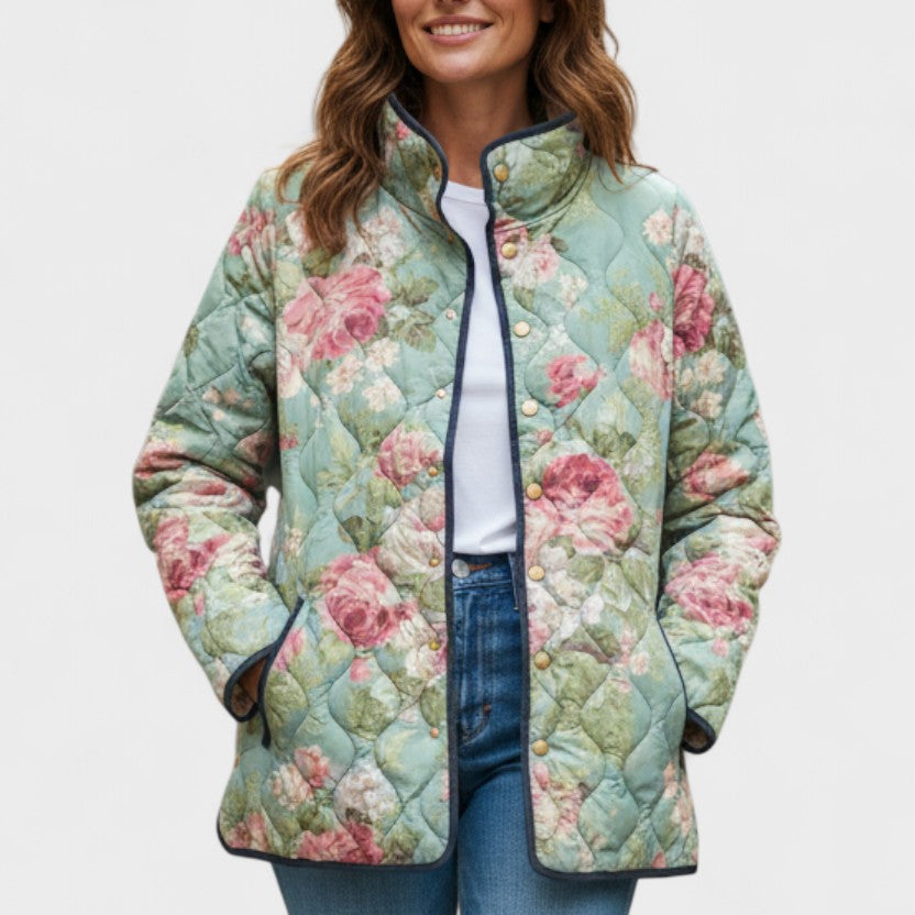 Quilted Jacket with Large Roses in Sage – product image 1