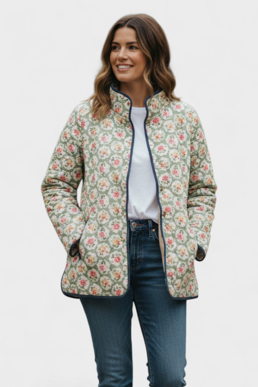 Quilted Jacket with Roses on Sage – product image 1