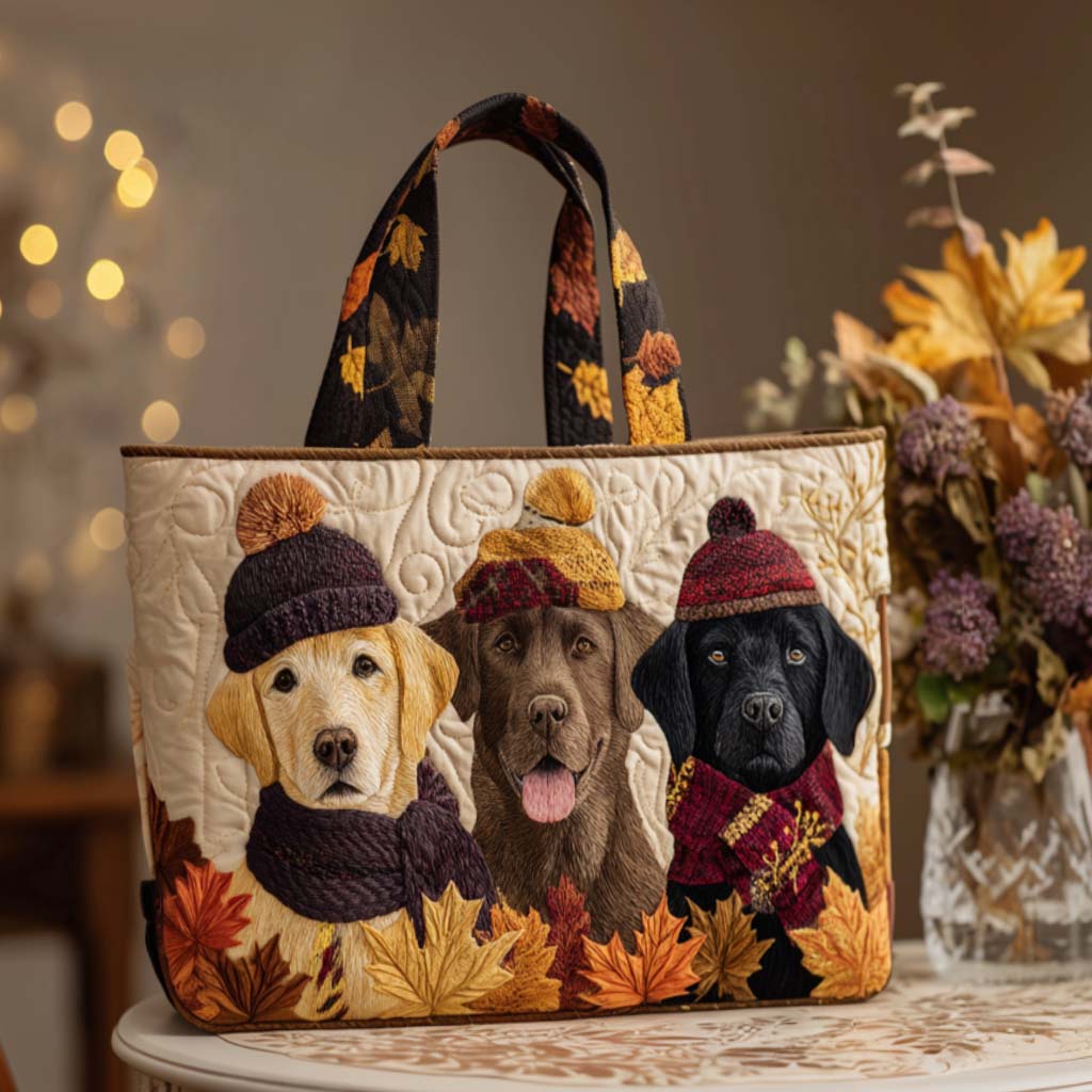 Labradors in a Warm Autumn Setting quilted tote bag