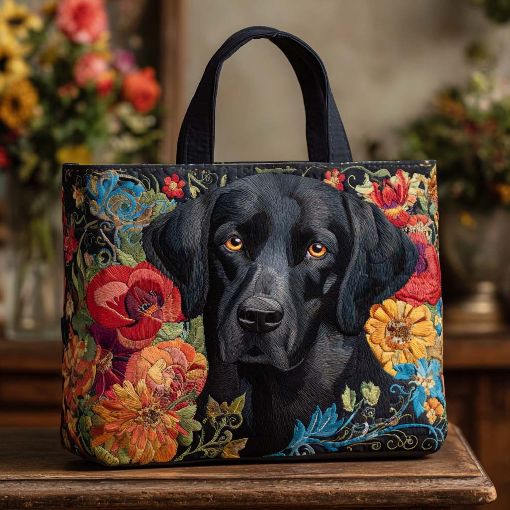 Black Labrador with Flowers quilted tote bag