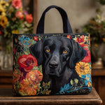 Black Labrador with Flowers quilted tote bag