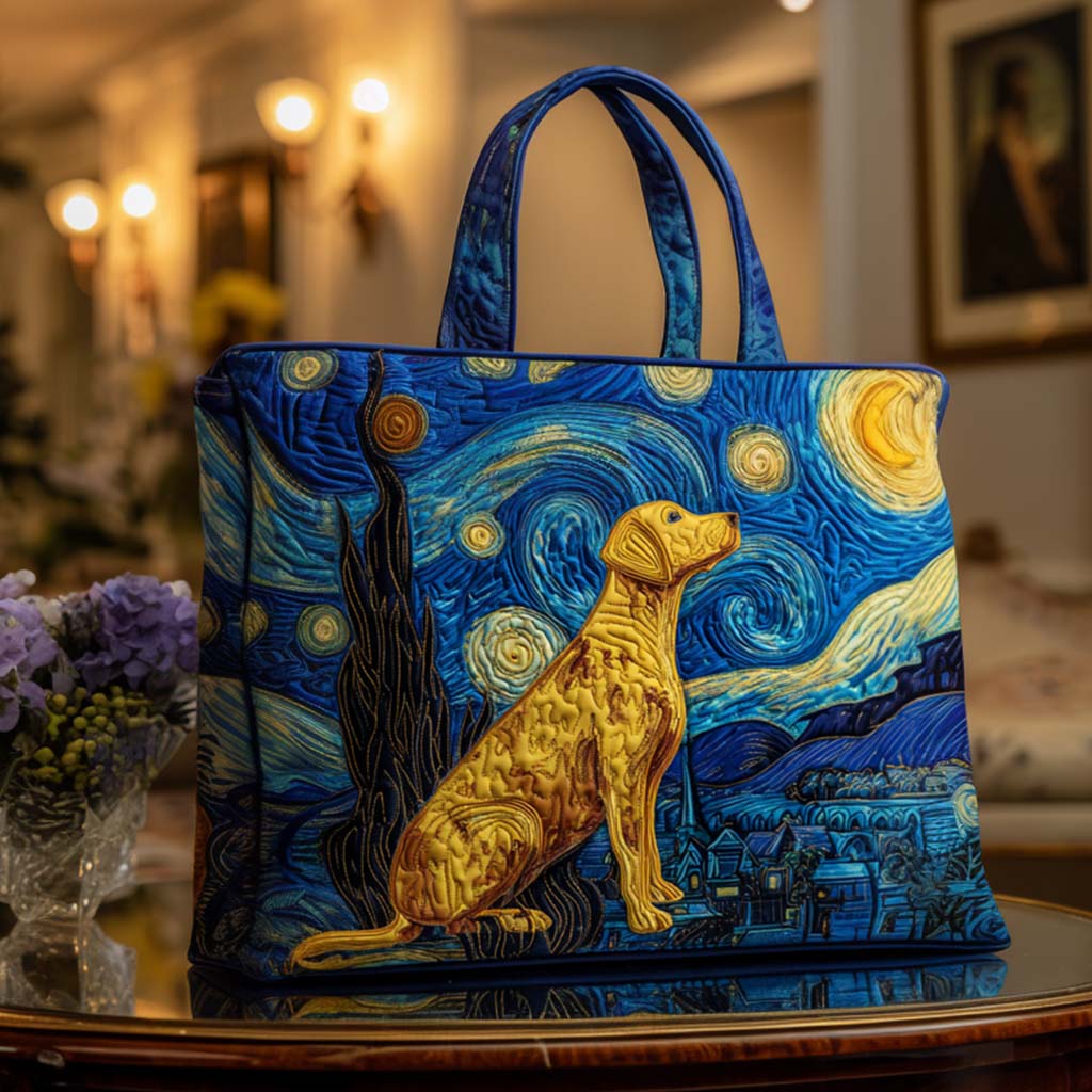 Golden Labrador at Night quilted tote bag