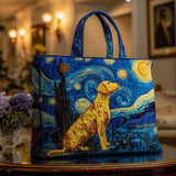 Golden Labrador at Night quilted tote bag