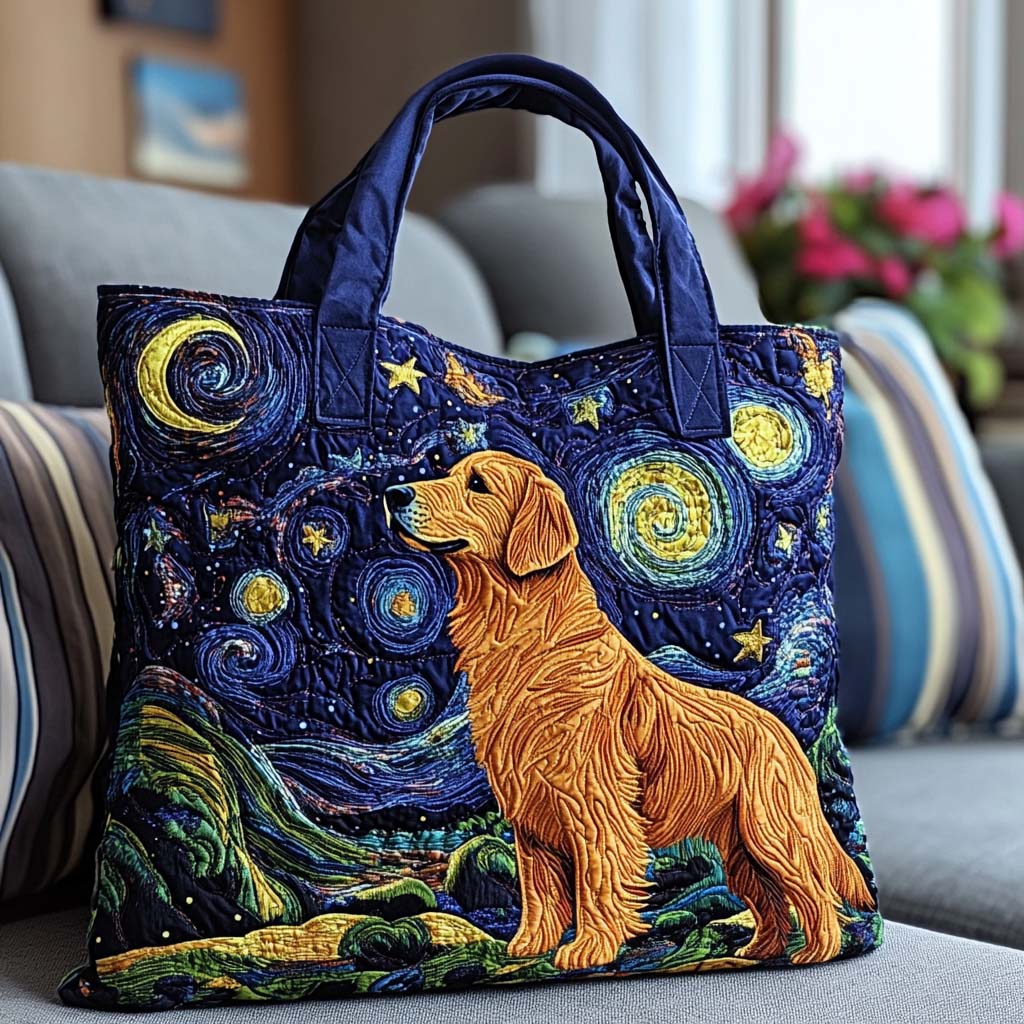 Golden Retriever Under the Stars quilted tote bag