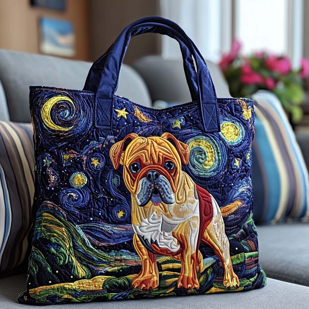 Bulldog Under the Stars quilted tote bag