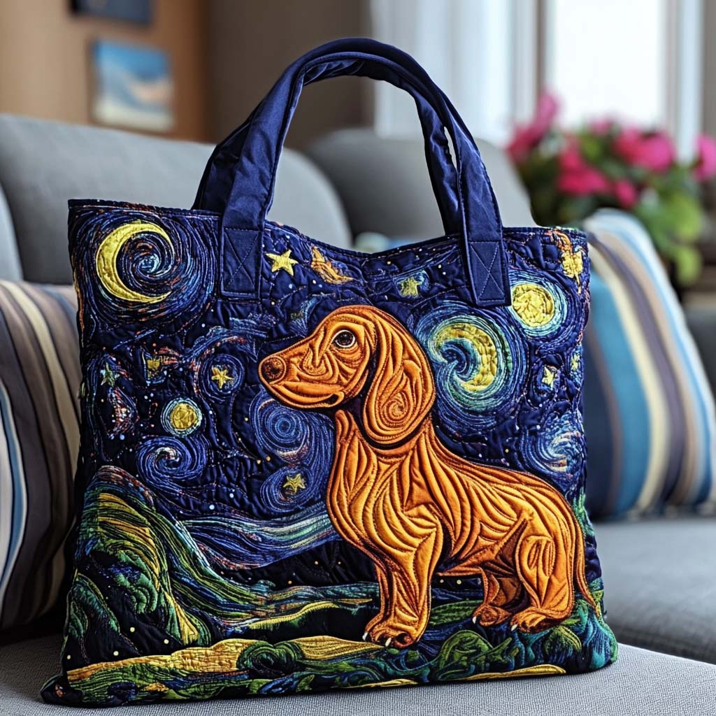 Dachshund Under the Stars quilted tote bag