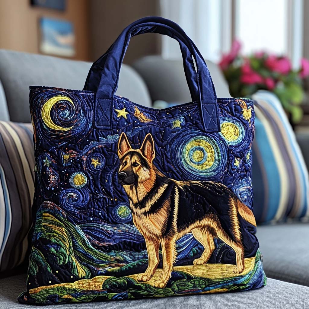 German Shepherd Under the Stars quilted tote bag