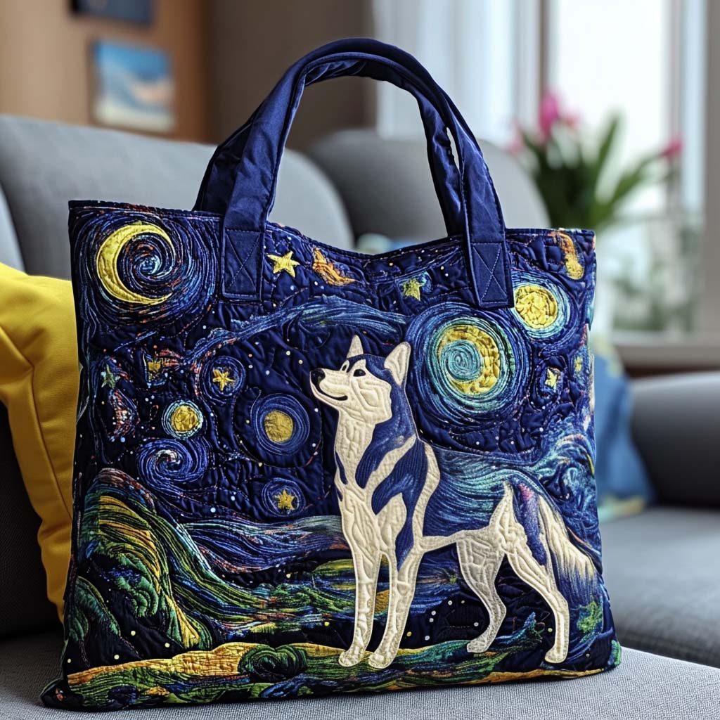 Husky Under the Stars quilted tote bag