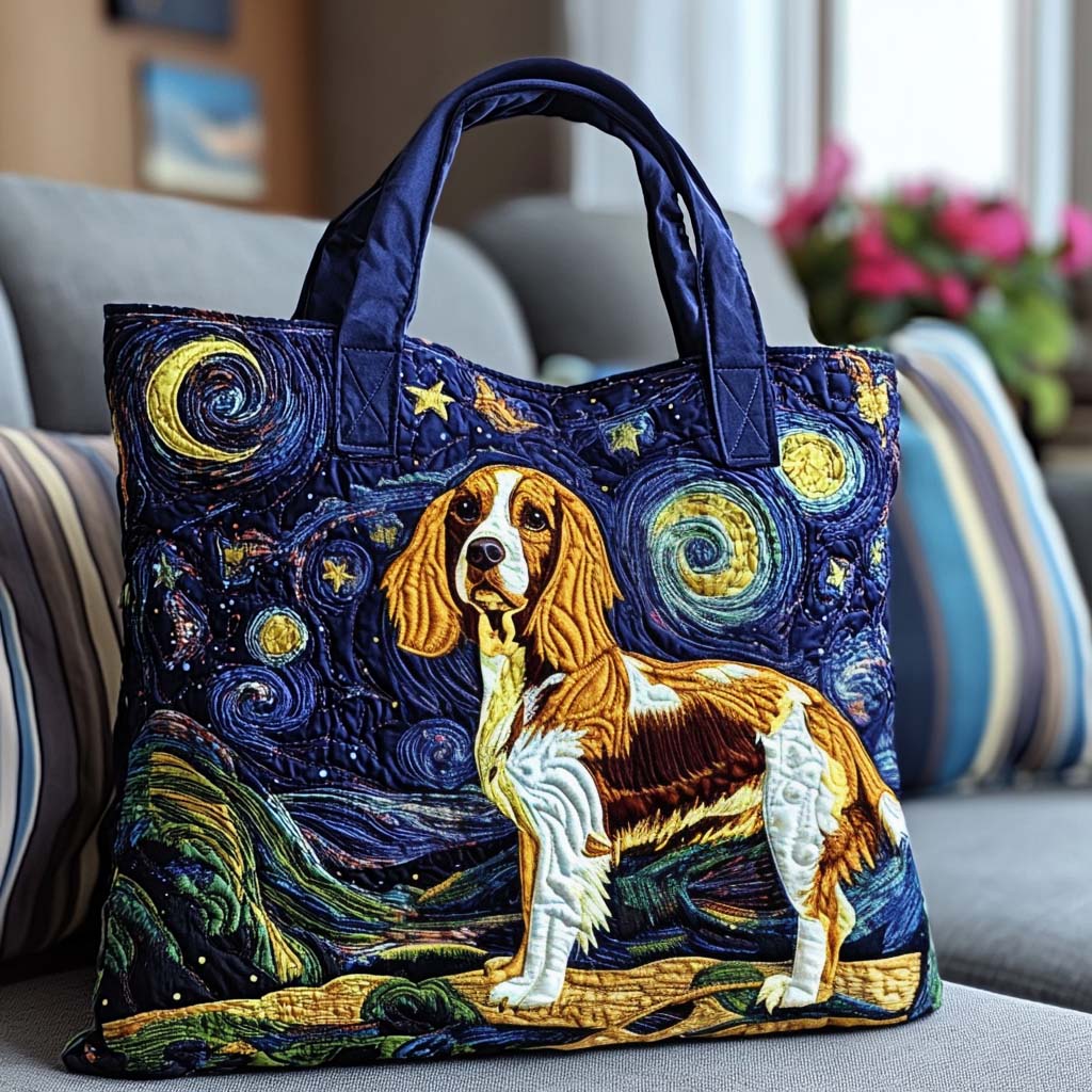 Spaniel Under the Stars quilted tote bag