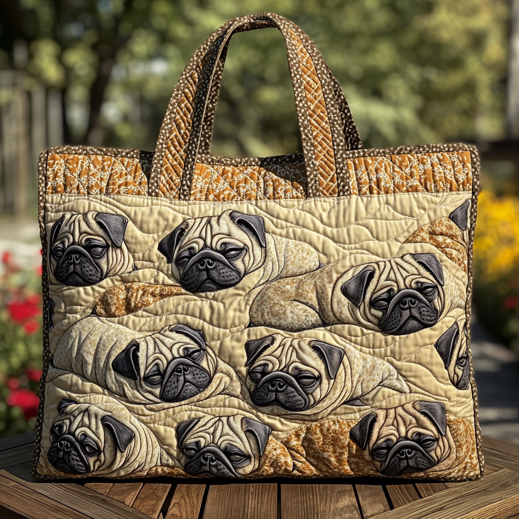 Golden Pug quilted tote bag
