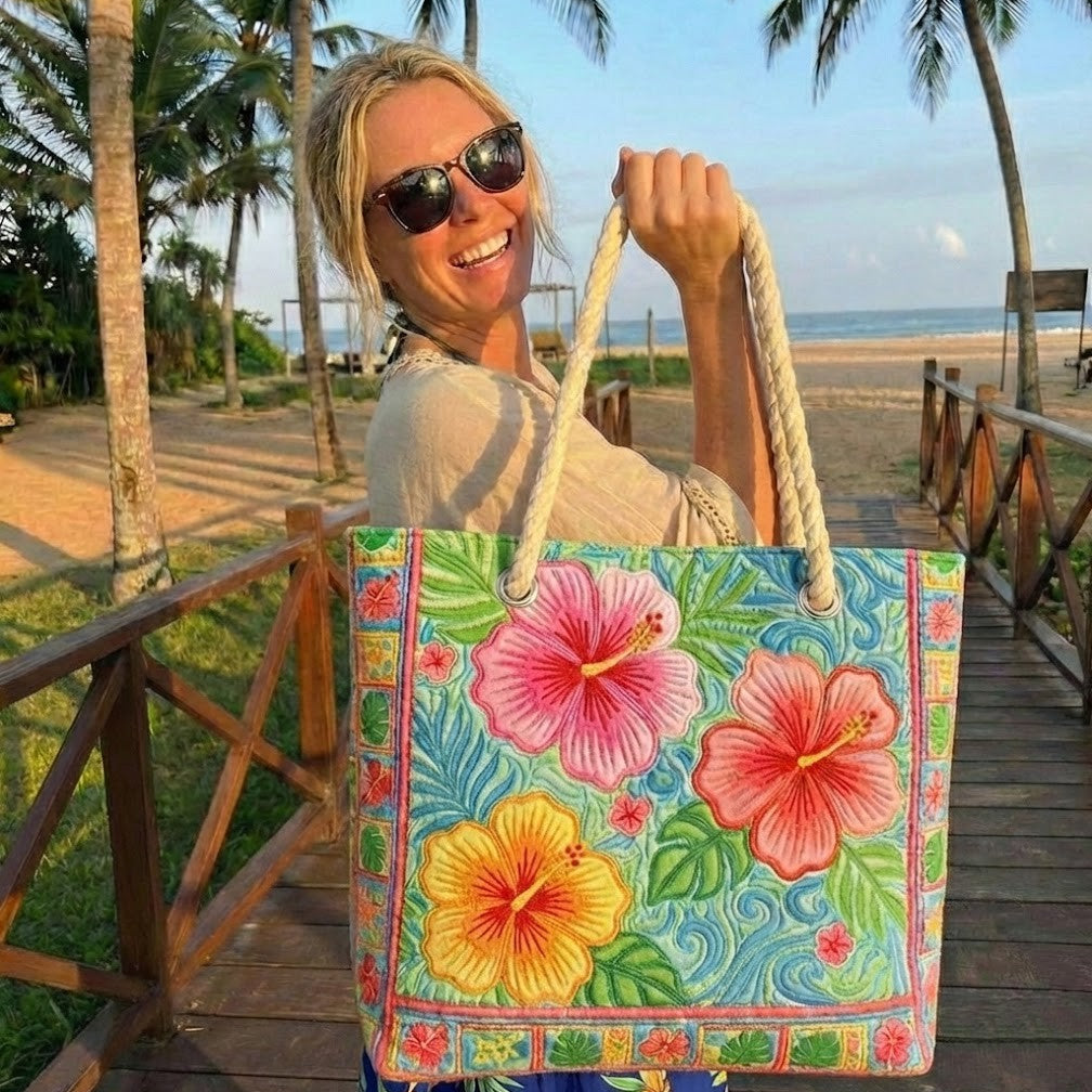 Quilted Floral Beach Bag Tropical Flower – L and XL – product image 1