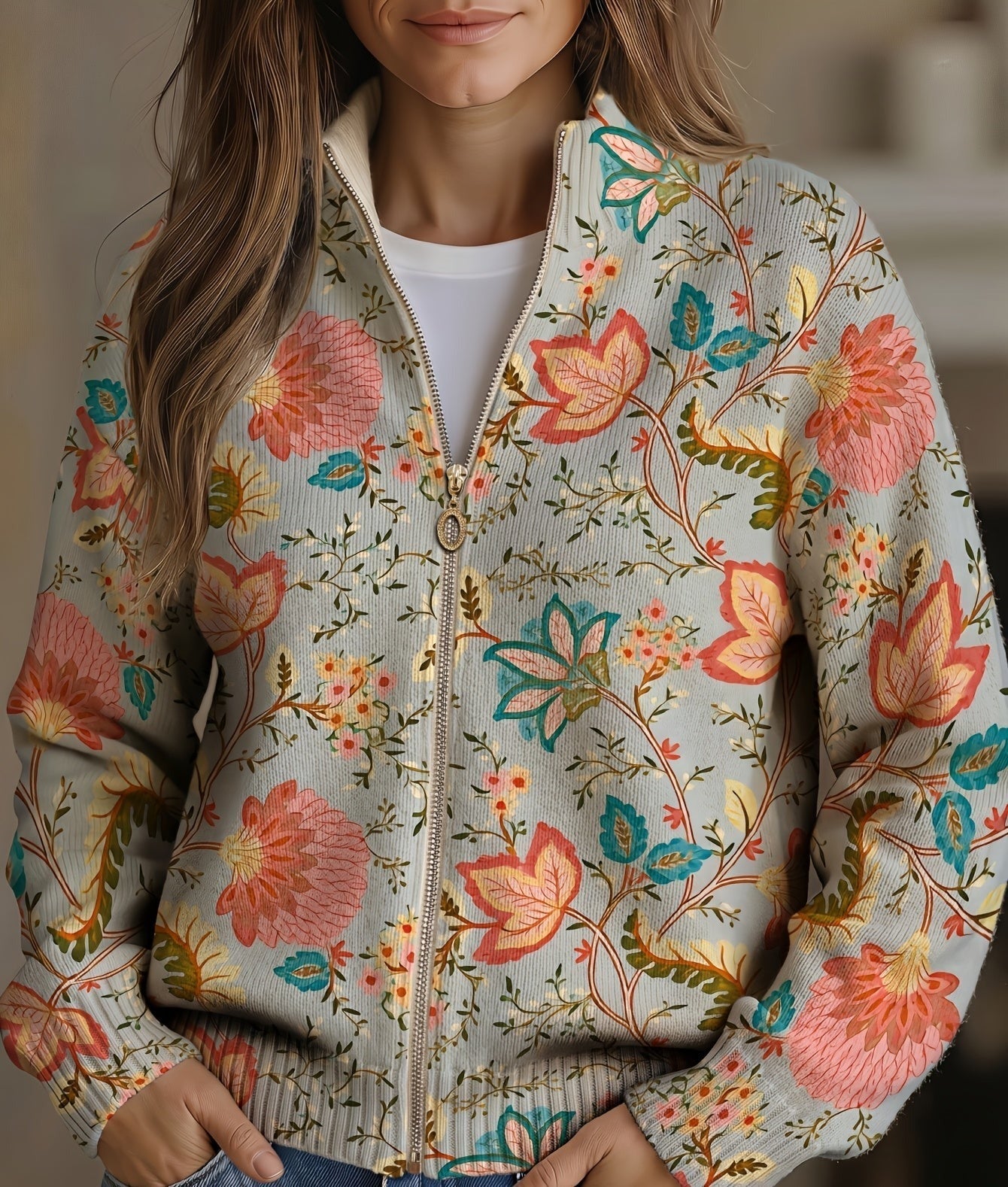 Zip Cardigan with Vintage Flowers – product image 1